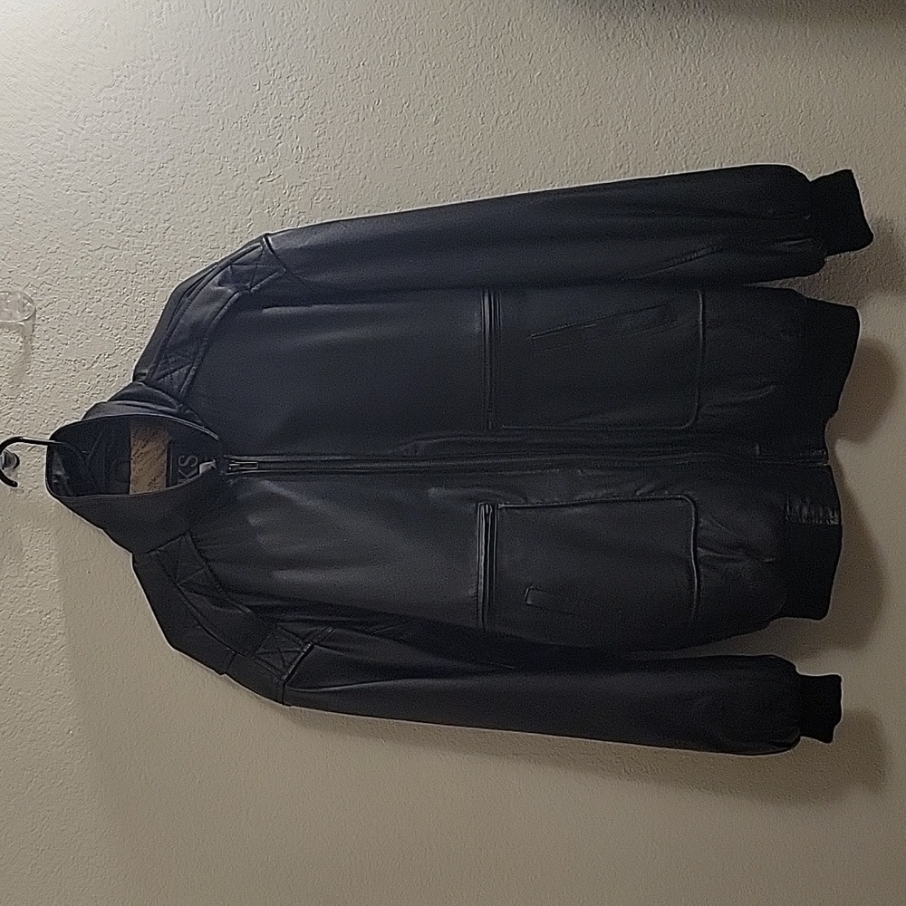 KS 100% Leather Bomber Jacket - Black - Large